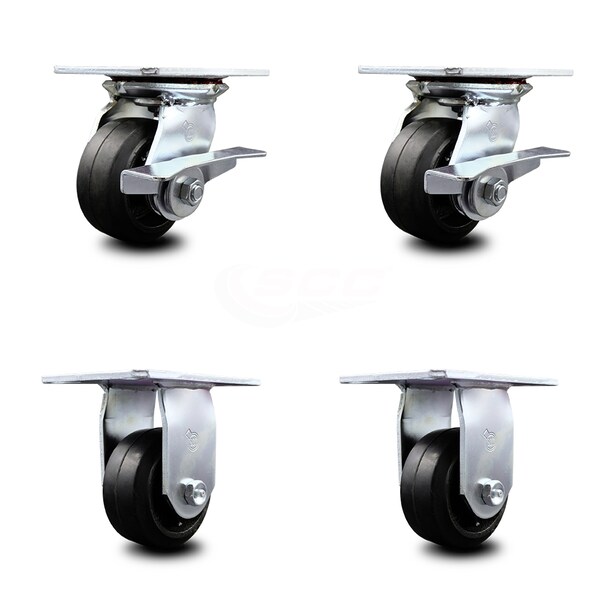 Service Caster 4 Inch Rubber on Steel Caster Set with Roller Bearing 2 Brakes and 2 Rigid SCC SCC-35S420-RSR-SLB-2-R-2 - main